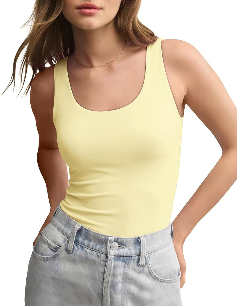 SUUKSESS Women Scoop Neck Tank Top Summer Sleeveless Going Out Double Lined Basic Tops | Amazon (US)