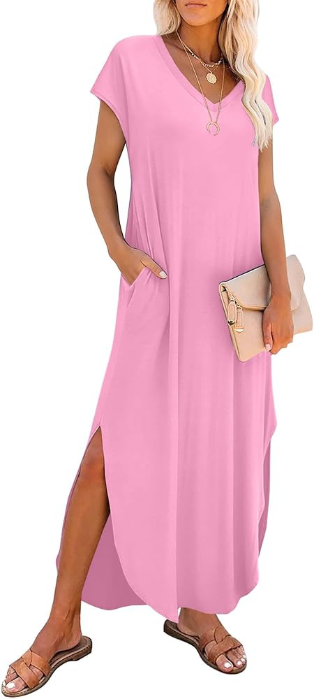 RUMIA Summer Casual Maxi Dresses for Women- Women's V Neck Cap Sleeve Long Sundress with Pockets ... | Amazon (US)