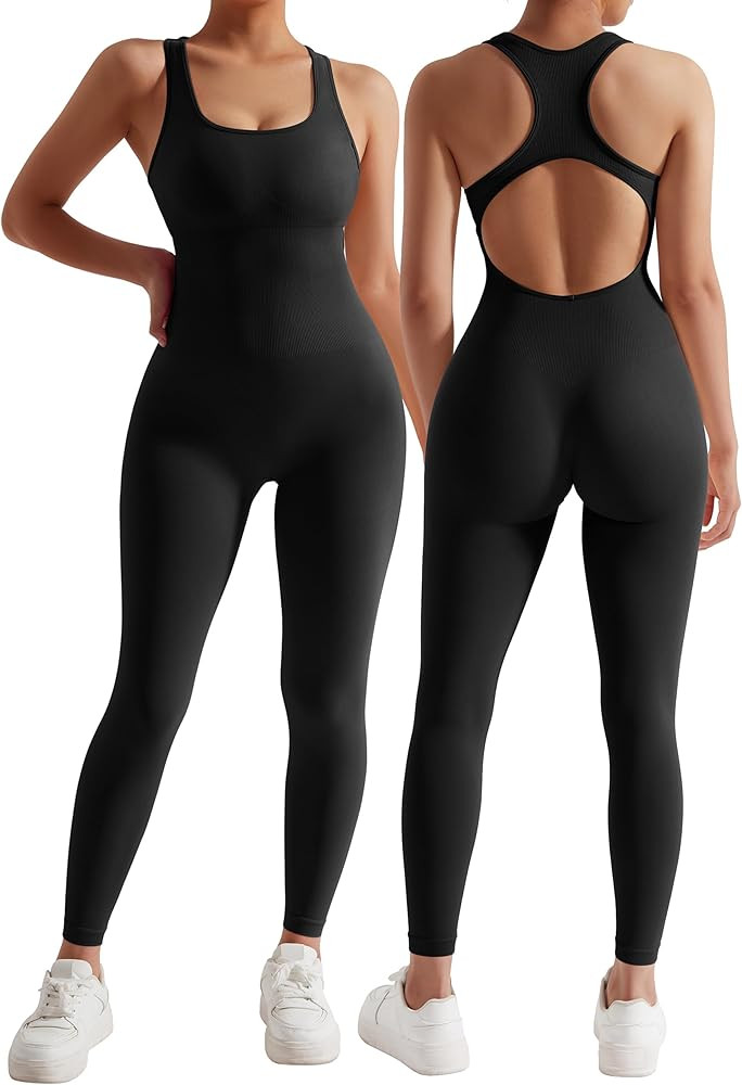 MOSHENGQI Women Racerback One Piece Jumpsuits Sleeveless Backless Bodycon Tummy Control Workout R... | Amazon (US)