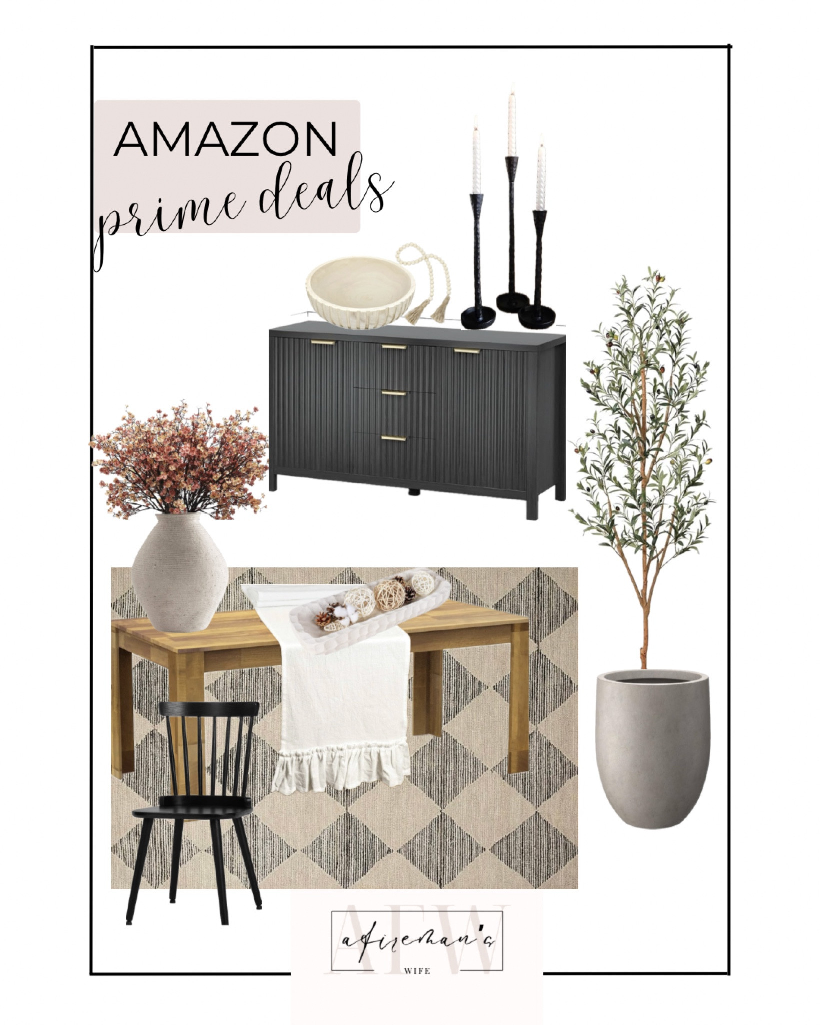 AMAZON prime deals!  Dining room decor!

Sideboard buffet cabinet | wood dining room table | loloi Diamond rug | 6ft olive tree | concrete planter | vase | fall stems | black dining chairs | table runner | wood bowl | iron candle holders | white dough bowl 

#LTKStyleTip #LTKHome #LTKSaleAlert