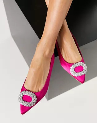 ASOS DESIGN Laura embellished pointed ballet flats in pink satin | ASOS (Global)