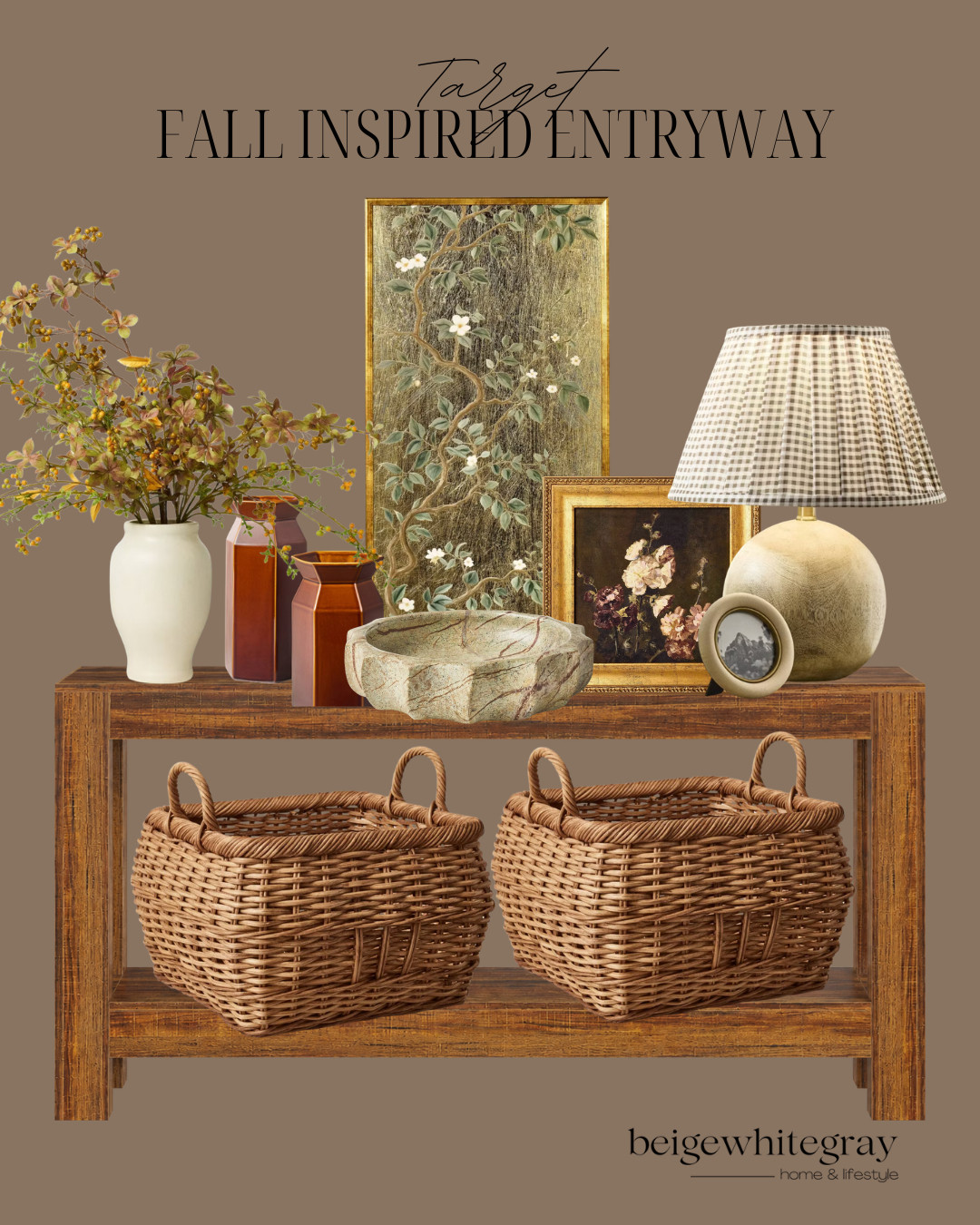 Target fall decor, Target home finds, fall entryway decor, Target fall home decor, autumn entryway inspiration, fall console table styling, fall floral stems, woven baskets, vintage inspired wall art, fall table lamp, gingham lampshade, decorative vases, rustic console table, traditional fall decor, cozy autumn home, affordable fall decorating, neutral fall home decor, warm fall color palette, Target home decor finds, fall decorating ideas

#LTKSeasonal #LTKHome