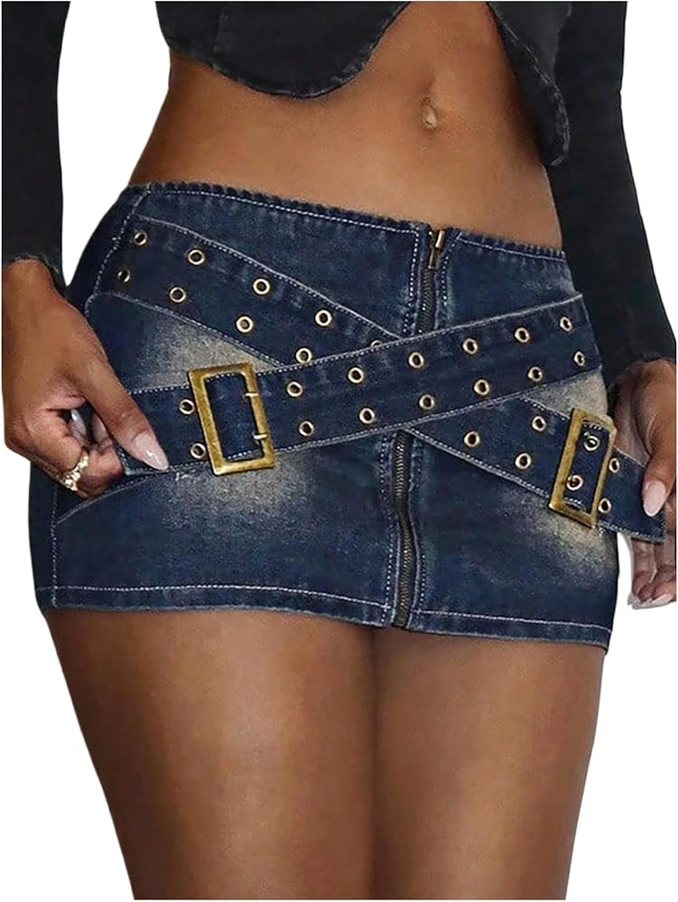 MakeMeChic Women's Bodycon Denim Mini Skirt Grommet Eyelet Zip Up Low Rise Y2K Jean Skirts | Amazon (US)