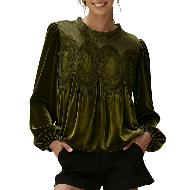 PUWEI Women's Lace Trim Velvet Blouse Elegant Flared Long Sleeve Top Casual Crew Neck Blouse | Walmart (US)