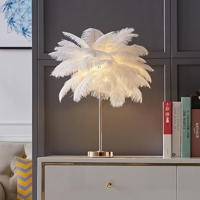 KunMai White Feather Table Lamp with Plug in Wire Modern Feather Lamp 3-Light Bedside Table Lamp ... | Amazon (US)