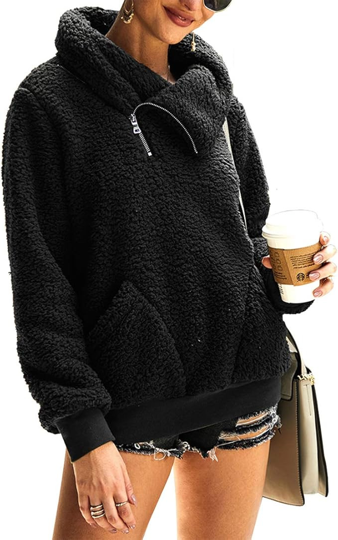 KIRUNDO 2020 Women’s Winter Lapel Sweatshirt Faux Shearling Shaggy Warm Leopard Pullover Zipped... | Amazon (US)