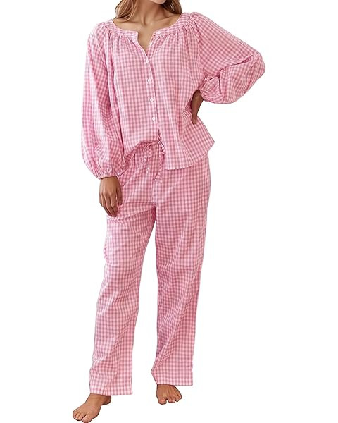 Flygo Womens Plaid Pajamas Sets 2 Piece Cotton Pj Set Puff Sleeve Ruffle Babydoll Shirt Gingham P... | Amazon (US)