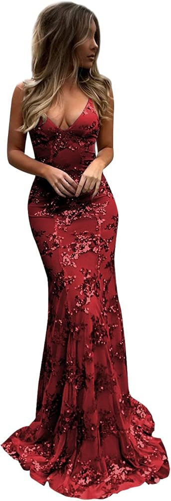 Sukleet Women's Spaghetti Strap Sequin Mermaid Prom Dresses Long Open Back Formal Evening Gowns | Amazon (US)