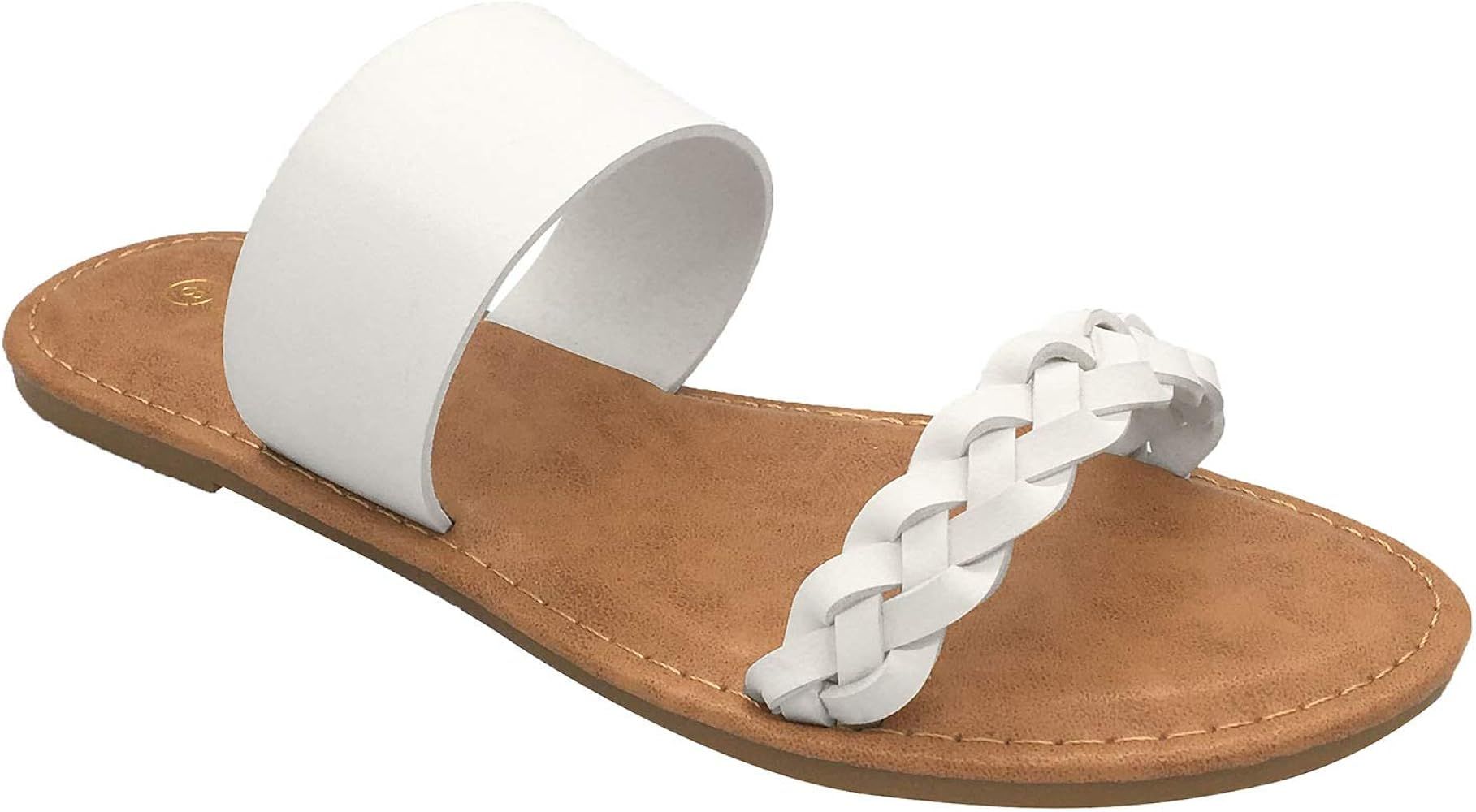 Womens Two Band Slide Sandals Double Bands Flat Sandal Open Toe Sandals | Amazon (US)