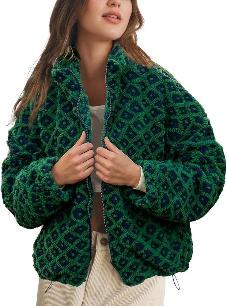 Keeliya Womens Checkered Sherpa Jacket Cropped Long Sleeve Plaid Fleece Coats Casual Zip Up Gingh... | Amazon (US)