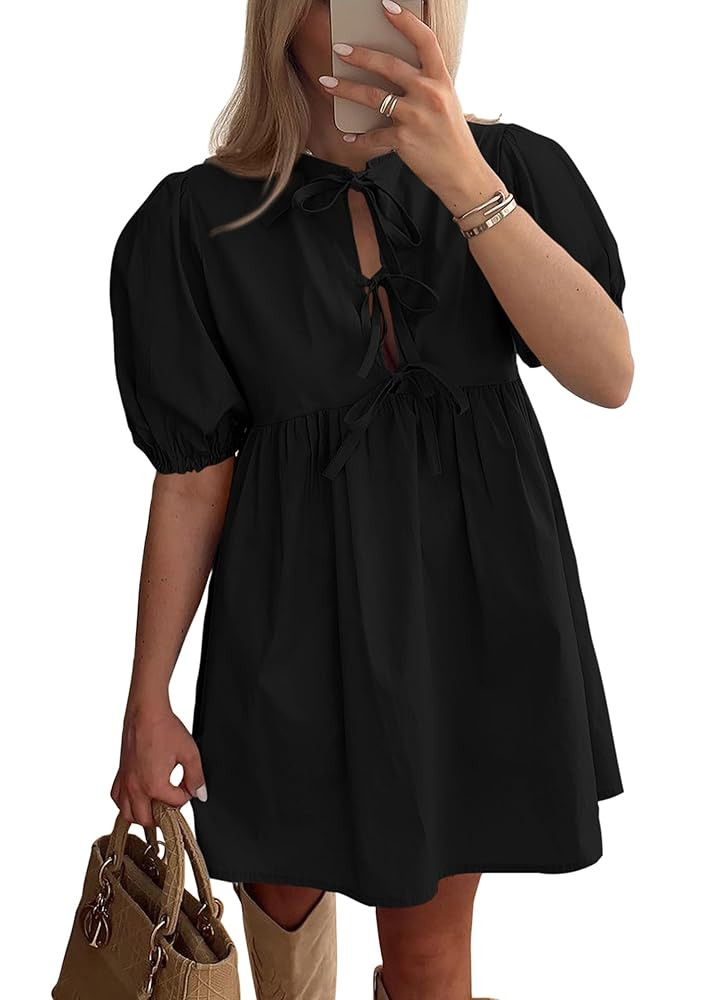 PRETTYGARDEN Womens 2025 Summer Casual Short Sleeve Dresses A Line Bow Tie Front Babydoll Loose C... | Amazon (US)