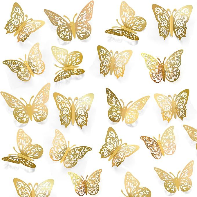 Crosize 72 Pcs Gold Butterfly Decorations, 3 Sizes 4 Styles, 3D Butterfly Wall Decor, Butterfly P... | Amazon (US)