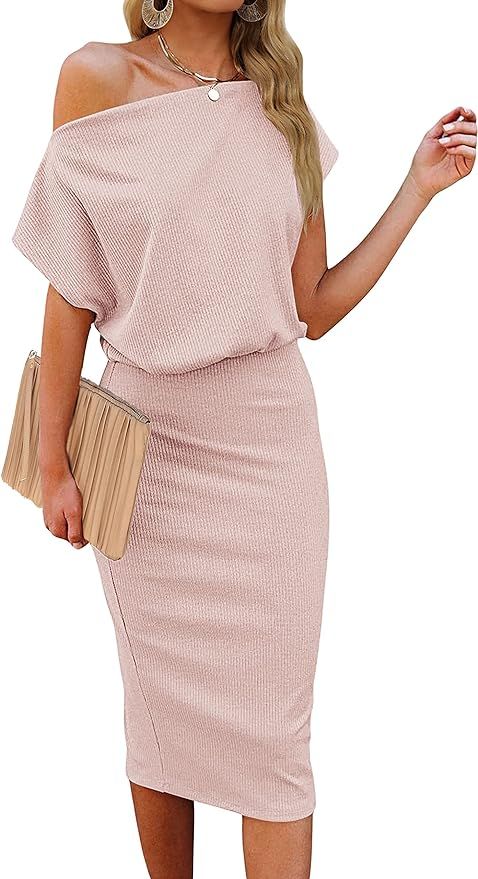 MEROKEETY Women's Off The Shoulder Short Sleeve Midi Dress Summer Ribbed Bodycon Dress for Party | Amazon (US)