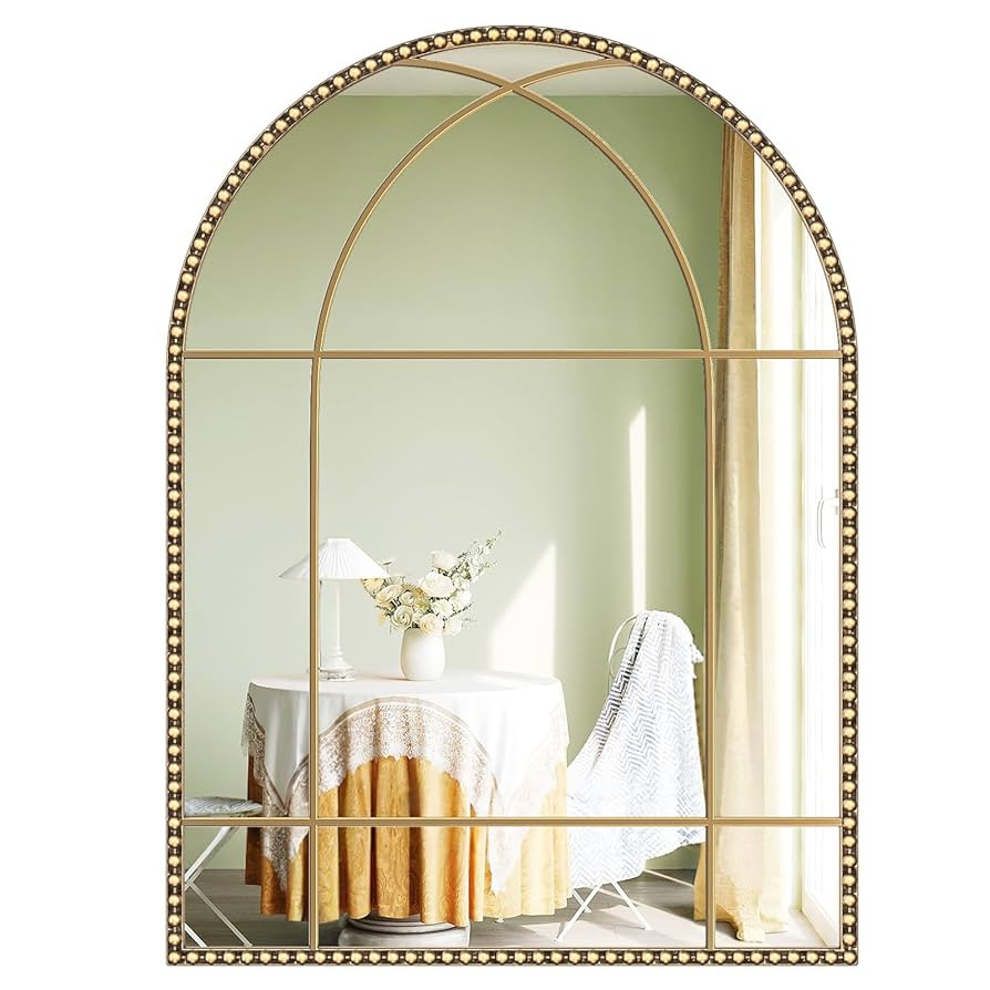 Arched Gold Antique Mirror, 28" x 40" Arch Windowpane Mirrors with Beaded Metal Frame, Vintage Go... | Amazon (US)