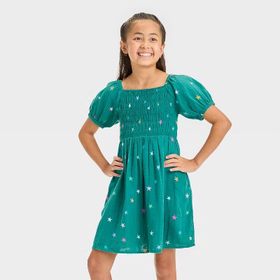 Girls' Short Sleeve Woven Star Dress - Cat & Jack™ Dark Green S | Target