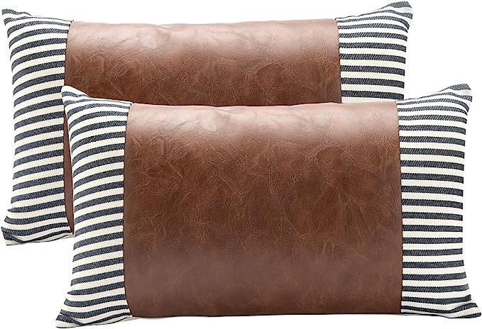 BOYSUM Set of 2 Farmhouse Decorative Throw Pillows Cover for Faux Leather Striped Outdoor Pillow ... | Amazon (US)