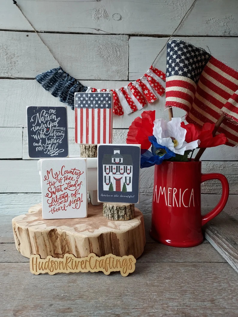 Patriotic Signs, American Flag Sign, Patriotic Tiered Tray Decor, Patriotic Mini Block Signs, Tie... | Etsy (US)