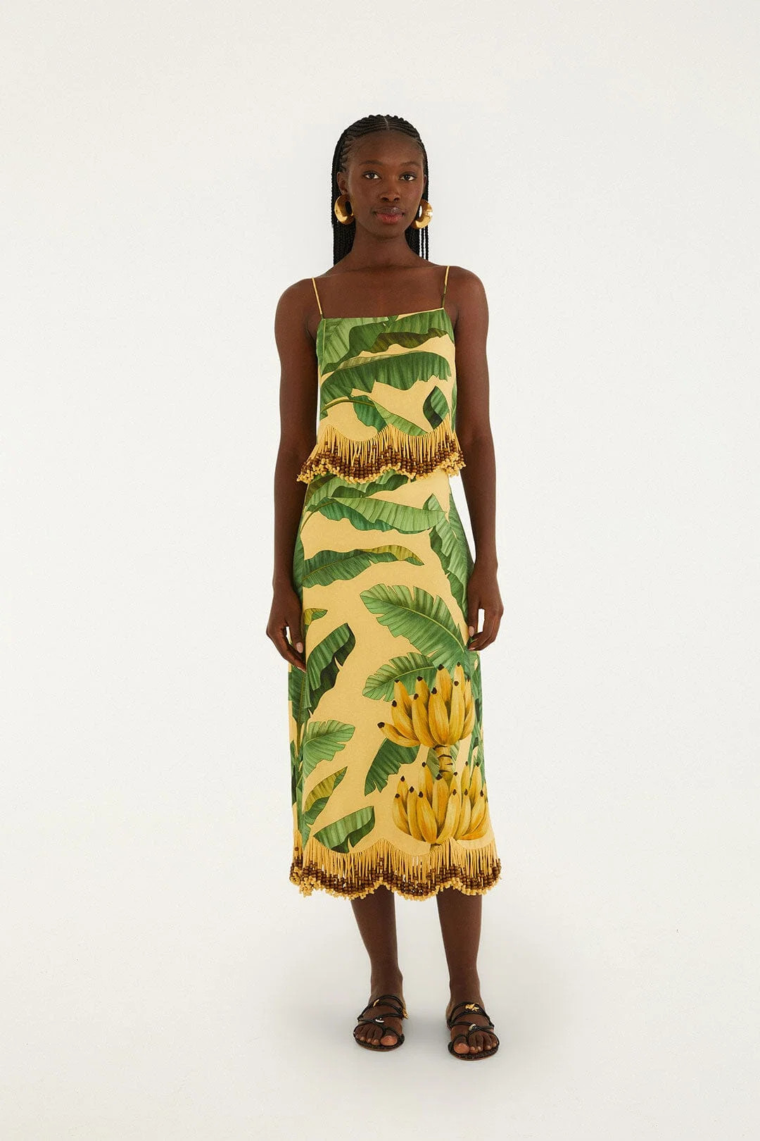 Yellow Fruit Leaves Banana Beaded Fringes Maxi Skirt, FRUIT LEAVES BANANA YELLOW / L | FarmRio (US)