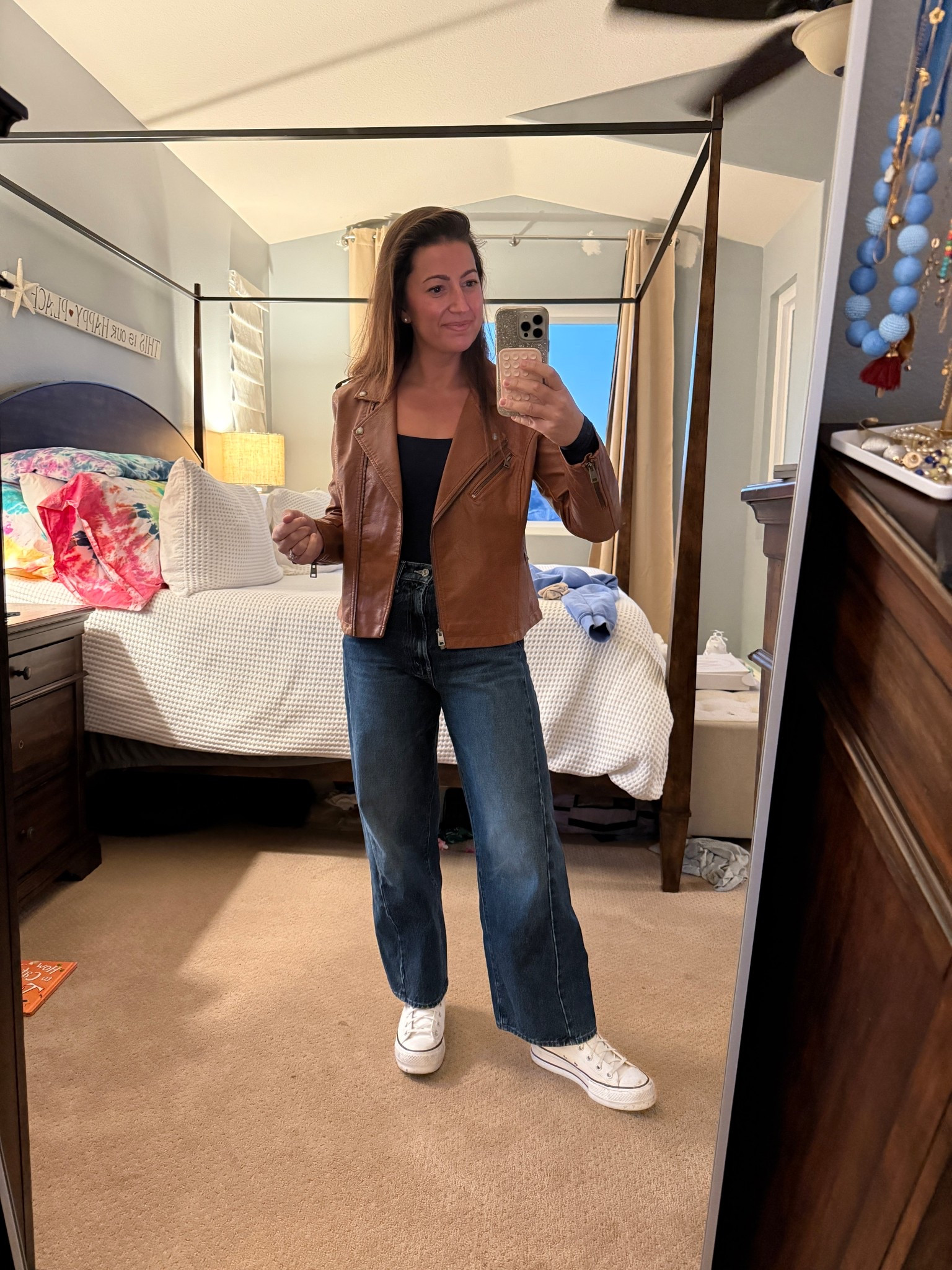 wore this to a comedy show with one of my girlfriends last night and felt so cute. this bodysuit is ridiculously soft and stretchy (like, “did i wear pajamas out?” levels of comfort). the faux leather jacket and platform chucks made it feel a little more “night out,” but still totally me.

sizing stats:
5’3”
145 pounds
wearing medium in jacket + bodysuit (both a little roomy—would size down now)
26 in jeans (run tts)
platform chucks fit true to size

fall girls night outfit, soft long sleeve bodysuit, faux leather jacket women, platform converse outfit, revolve half pipe jeans, casual night out outfit, comfy jeans outfit, cute mom outfit ideas, elevated basics outfit, jeans and bodysuit combo, cozy chic outfit, fall concert outfit, comedy show outfit, effortless outfit ideas, comfy night out look, casual going out outfit women, fall style inspo 2025

#LTKSeasonal #LTKHoliday #LTKGiftGuide