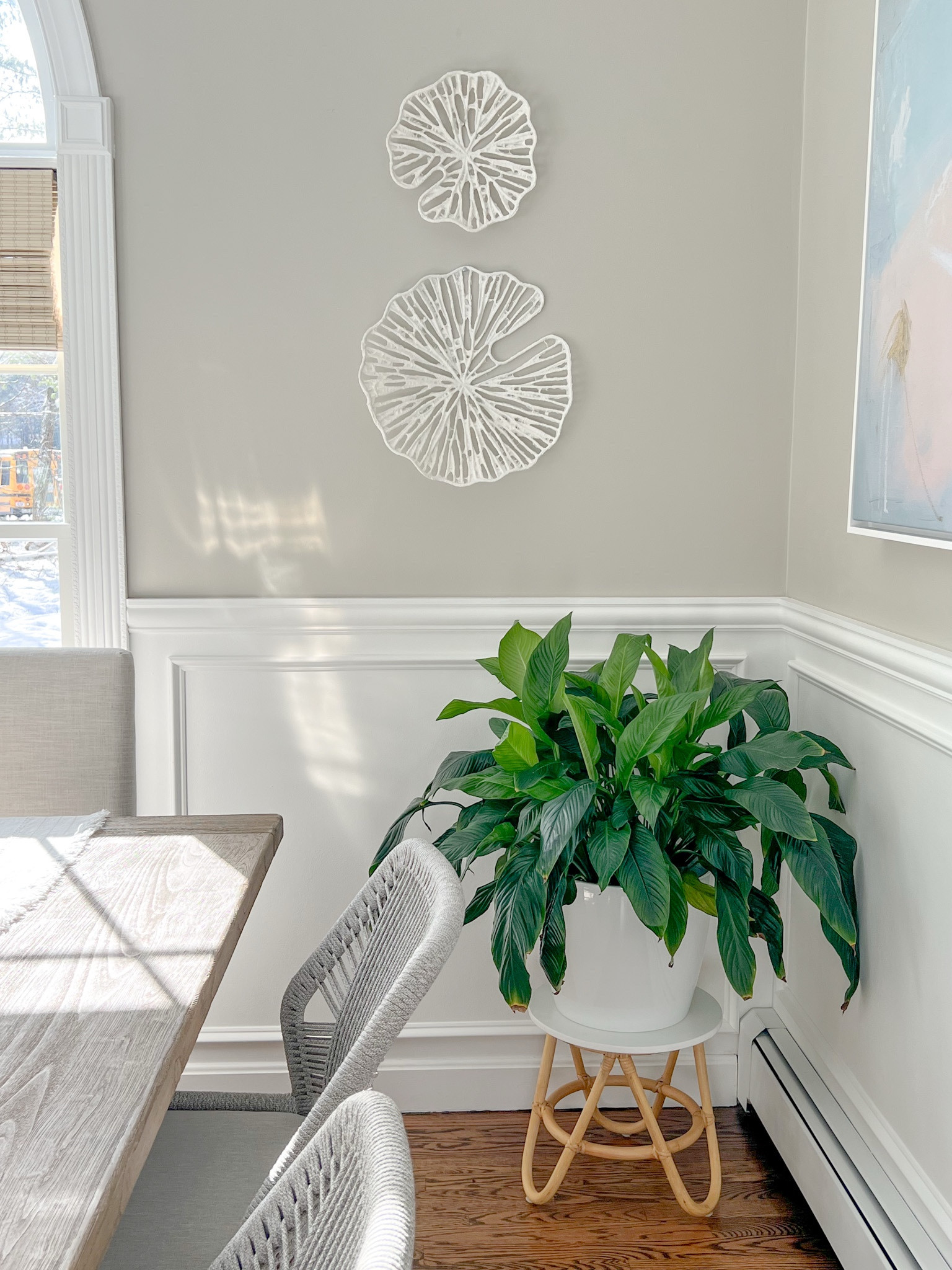 I love this coral wall decor as an alternative to traditional artwork as the circular shape breaks up all of the rigid lines that are often present in a space from rectangular/square tables, windows, rugs, etc. The set includes three pieces but I only hung two here since I have a huge piece of artwork on the adjacent wall that I didn't want to detract from.
-
coastal style, coastal home decor, coastal artwork, coastal wall decor, dining room decor, beach house decor, round wall decor, circular wall decor, dining room table, pottery barn dining table, toscana table, dining room chairs, gray dining chairs, neutral home decor, blue artwork, woven shades, woven blinds, coastal amazon decor, abstract artwork, large artwork, artwork sets 

#LTKHome #LTKStyleTip #LTKFindsUnder100