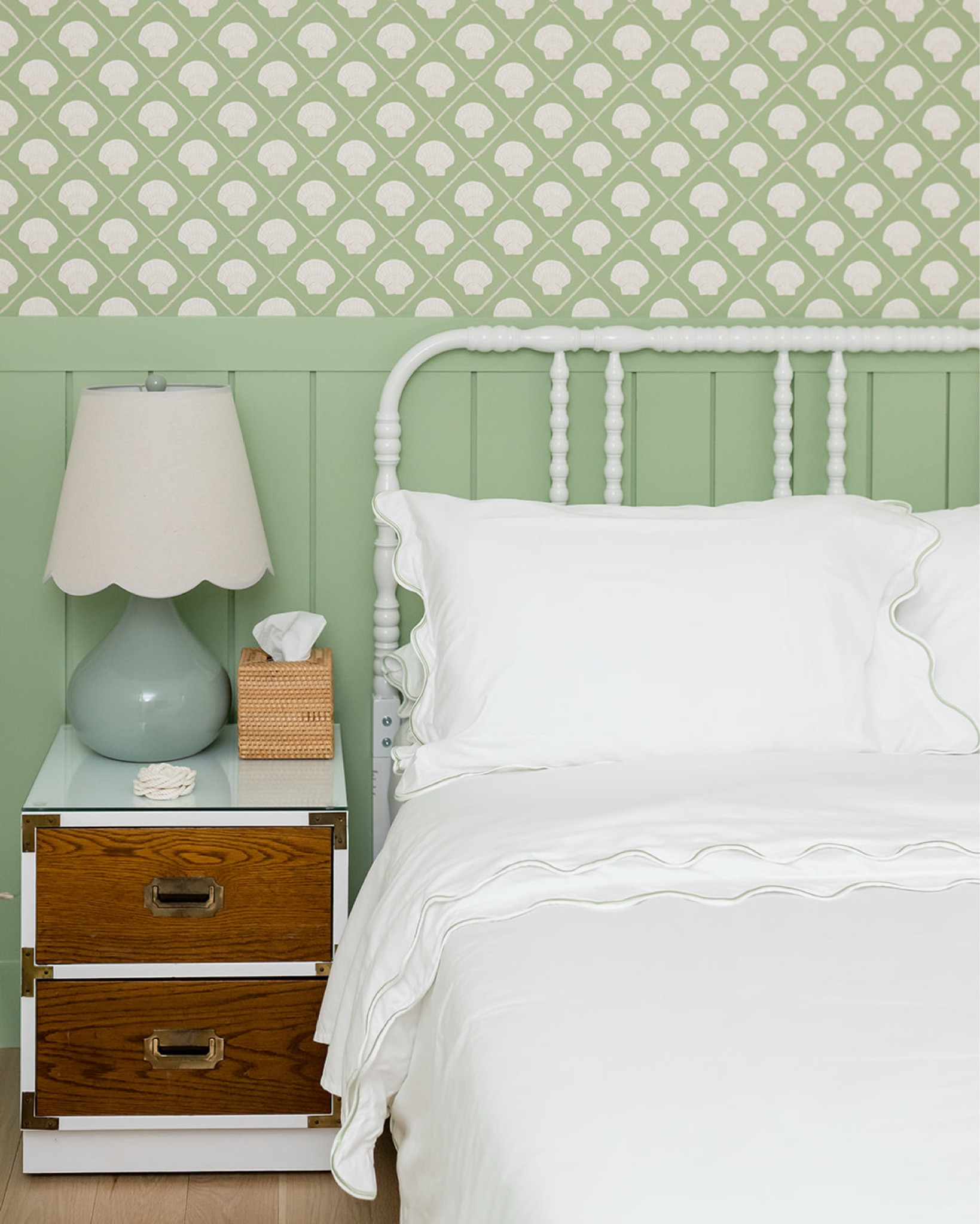 this bedroom at the #preppyhollowhouse may be small, but it has a lot of personality thanks to the pretty green paint and shell wallpaper. vintage wood furniture adds contrast, while a white metal spindle bed coordinates with the shell wallpaper. #dwelloctoberstay #dwelloctober

#LTKHome