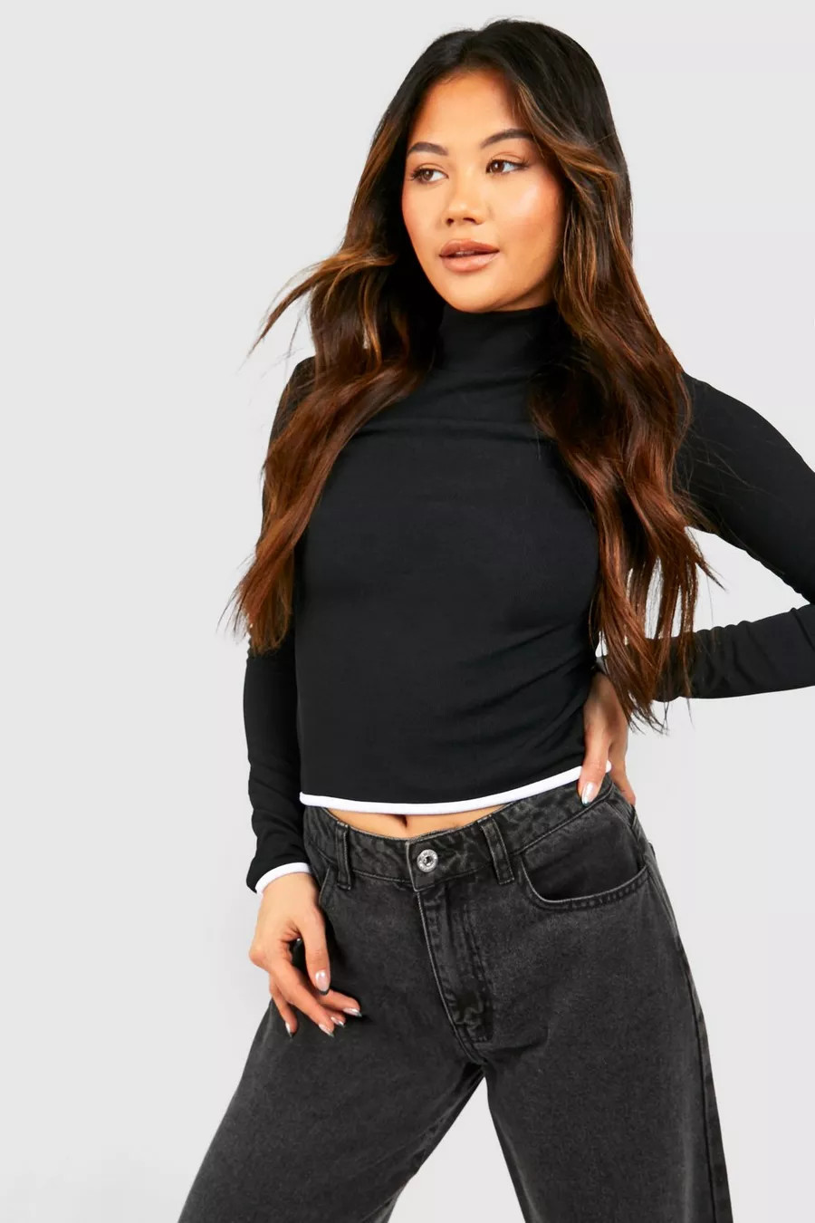 Contrast Rib High Neck Long Sleeve Top | boohoo (US & Canada)