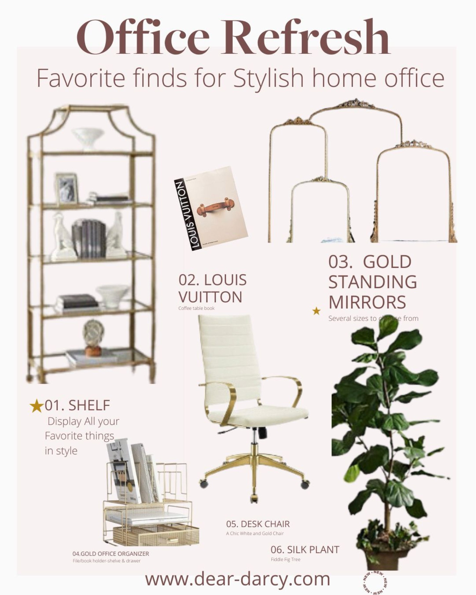 Office Refresher 

Book shelf
Gold mirror 
White & gold desk chair
Office desk organizer 
Fiddle leave tree
Louise Vuttion coffee table  book

Perfect for #homeoffice  #livingroom 

#LTKMostLoved #LTKhome