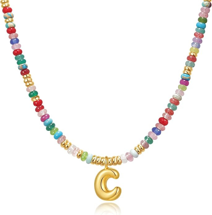 YOUFENG Initial Letter Necklaces for Women Colorful Beaded Gemstone Choker 14K Gold Plated Bubble... | Amazon (US)