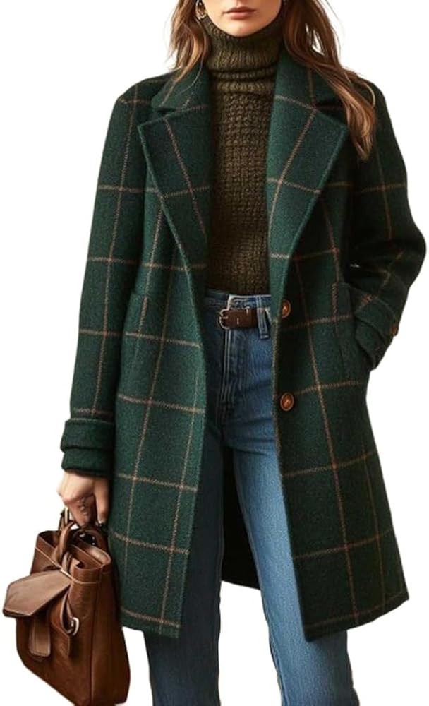 Mywinway Plaid Wool Coats for Women Fall Winter Checkered Warm Long Peacoat Blazer Jackets Dress ... | Amazon (US)