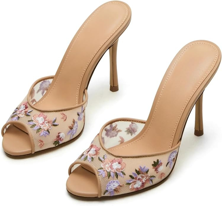 Yishaweiqi Women's Mesh Heeled Sandals Peep Toe Mules Slip on Stiletto High Heels Dress Sexy Slid... | Amazon (US)