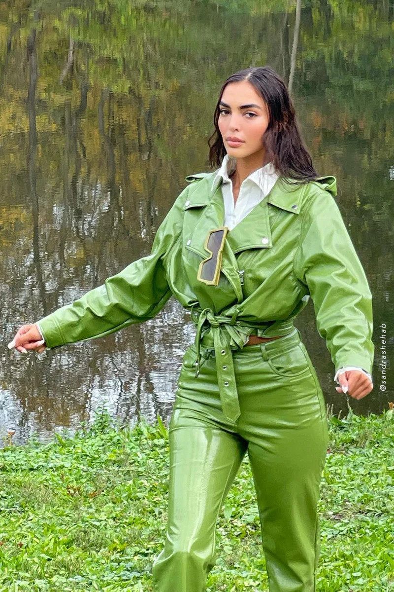 Isobel Patent Biker Jacket - Green | MESHKI US