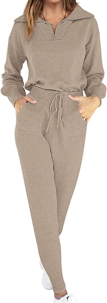ANRABESS Women's Two Piece Outfits Sweater Sets Long Sleeve Zip Up Knit Pullover Jogger Pants Tra... | Amazon (US)