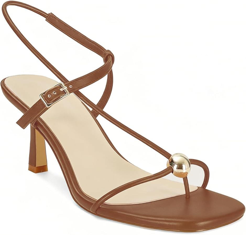 Strappy Heels for Women Square Toe Slingback Mid-Heel Sandals Dressy Beach Thong Flip Flop Slides... | Amazon (US)