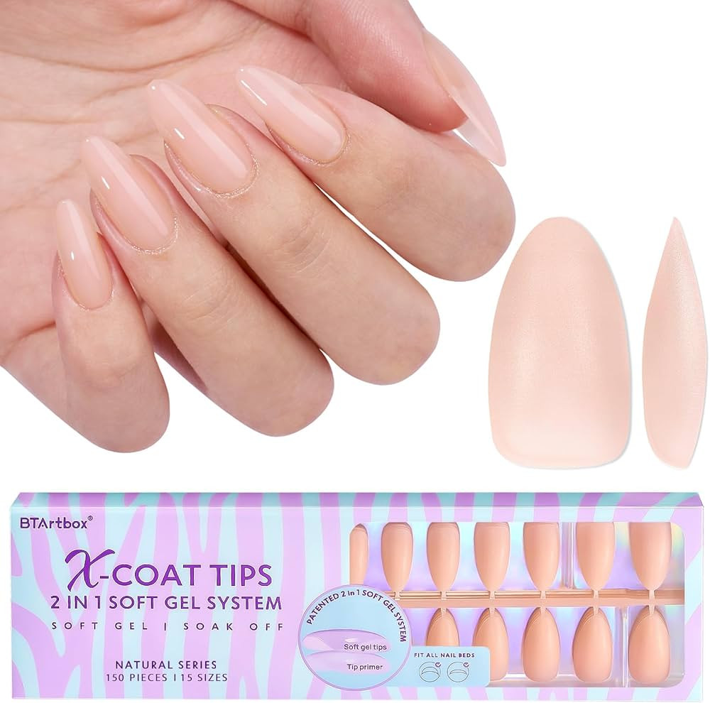 BTArtbox Almond Gel Nail Tips - Soft Gel Nail Tips Almond Natural XCOATTIPS Pre-applied Tip Prime... | Amazon (US)