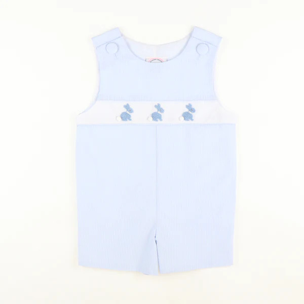 Embroidered Bunnies Shortall - Light Blue Chambray Seersucker | Southern Smocked Co.