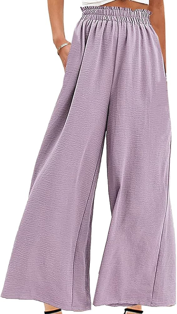 Pasgreson Women's Casual Wide Leg Pants Flowy Ruffle Elastic Drawstring Waist Beach Palazzo Loose... | Amazon (US)
