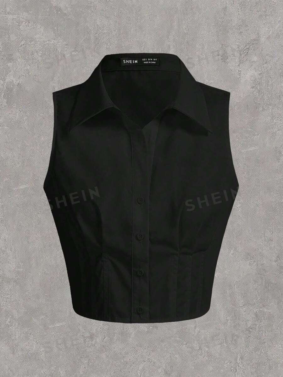 SHEIN EZwear Plus Solid Color Woven Women Sleeveless Casual Shirt | SHEIN