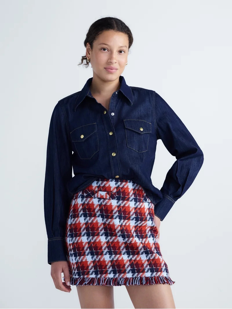 Free Assembly Women's and Women's Plus Chambray Shirt with Long Sleeves, Sizes XS-4X | Walmart (US)