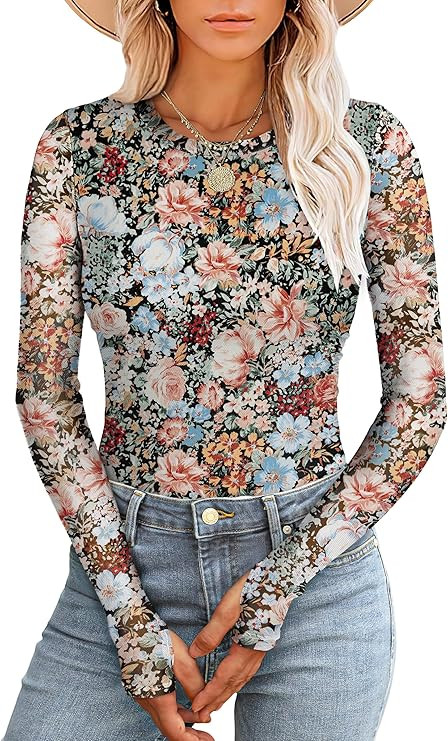 Prinbara Womens Mesh Long Sleeve Going Out Tops with Thumb Holes 2026 Spring Trendy Double Lined ... | Amazon (US)