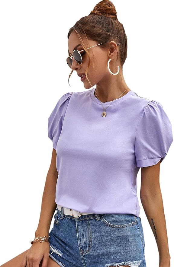 SweatyRocks Women's Summer Short Puff Sleeve Tee Top Round Neck T-Shirt | Amazon (US)