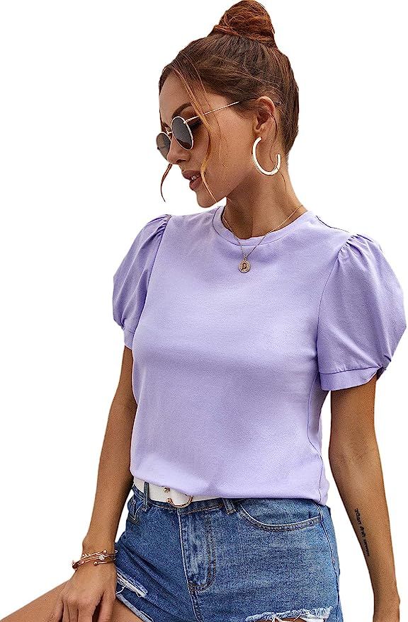 SweatyRocks Women's Summer Short Puff Sleeve Tee Top Round Neck T-Shirt | Amazon (US)