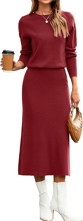 Glamaker Womens 2 Piece Skirt Sets Fall Long Sleeve Sweater Dress Casual Knit Midi Dress Travel O... | Amazon (US)