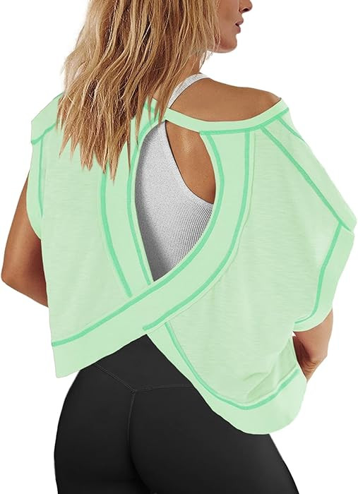 Panadila Womens Open Back Workout Top Oversized Workout T Shirts Backless Athletic Shirt Short Sl... | Amazon (US)