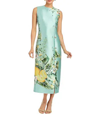 Serena Citron Tableau Floral Print Crew Neck Sleeveless Gold Hardware Column Midi Dress | Dillard's