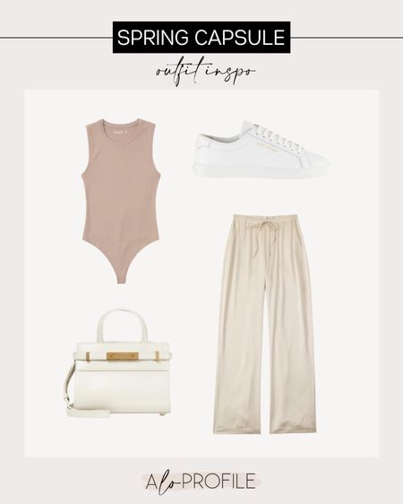 Capsule wardrobe outfit idea! These satin pants come in 4 different colors & are so easy to dress up or down. // Abercrombie, Abercrombie outfit, satin pants, bodysuit, neutral outfit 