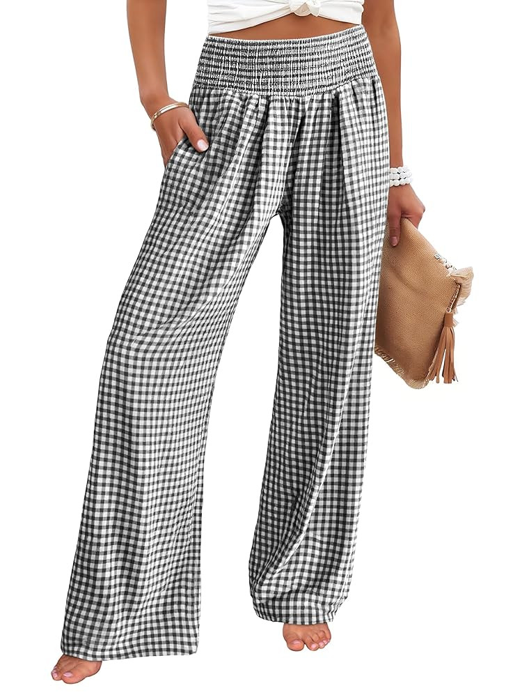 ANRABESS Womens Striped Gingham Palazzo Pants Wide Leg High Waisted Lounge Pajama Pants Cute Casu... | Amazon (US)