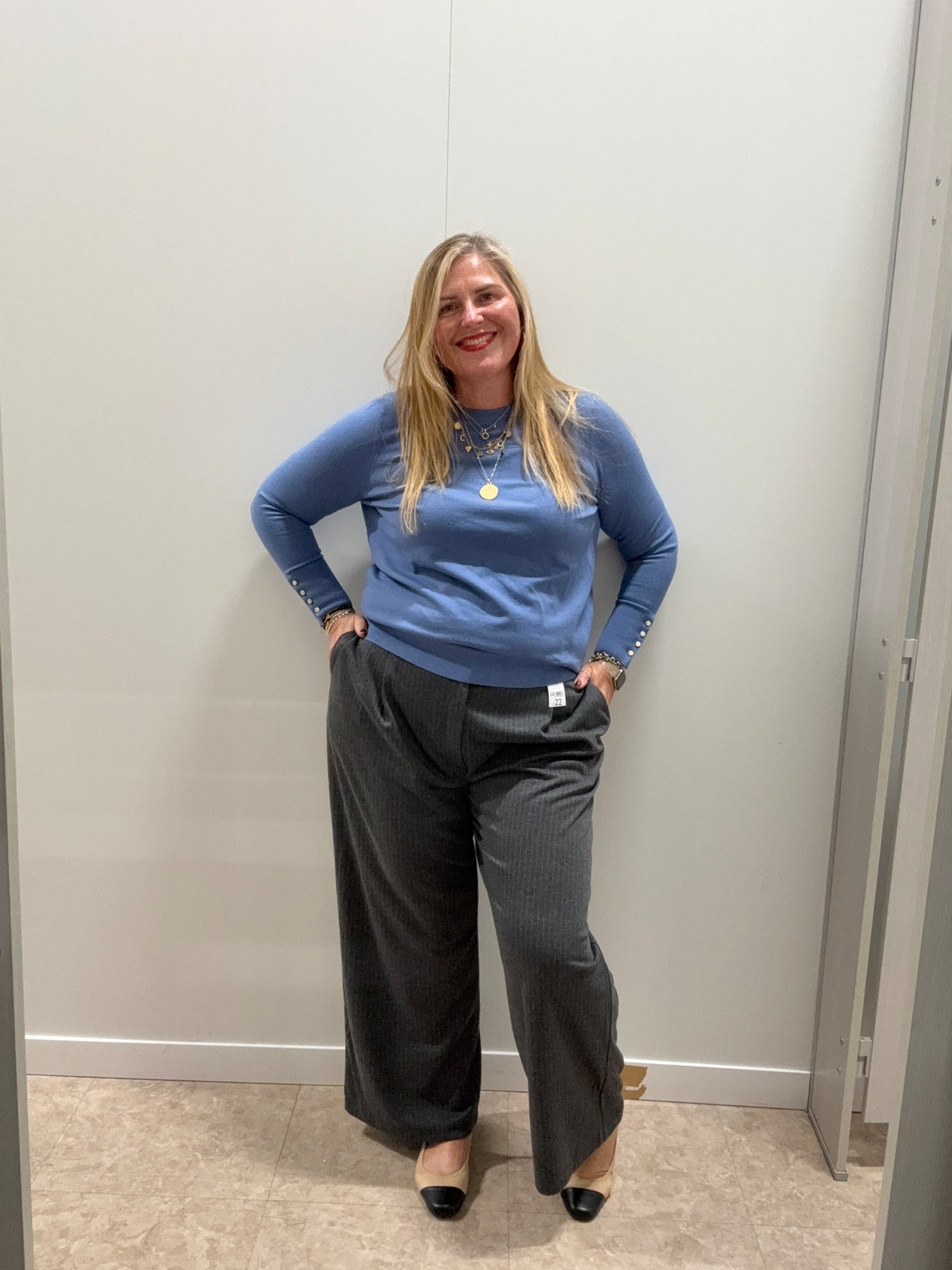 Work outfit, grey pinstripe trousers, blue lightweight jumper, ballerina pumps 

#LTKcurves #LTKplussize #LTKworkwear