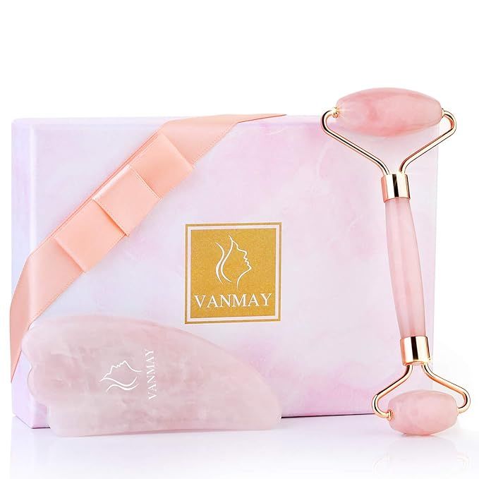 VANMAY Natural Rose Quartz Face Roller and Gua Sha Massage Tool Face Roller Set, Jade Roller for ... | Amazon (US)