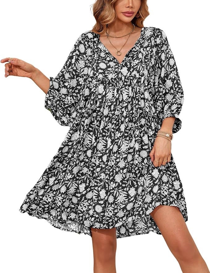 R.Vivimos Women's Summer V Neck Casual Dresses Lantern Sleeve Boho Floral Print Loose Flowy Mini ... | Amazon (US)