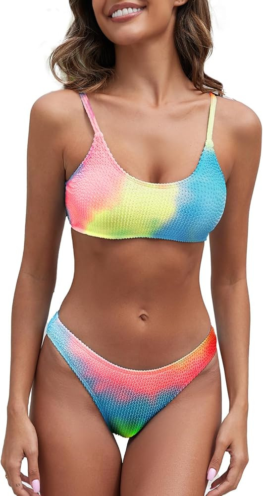 Fanuerg Women's Ribbed Bikini Sets Scoop Neck Cheeky Swimsuit Textured Two Piece Bathing Suit | Amazon (US)